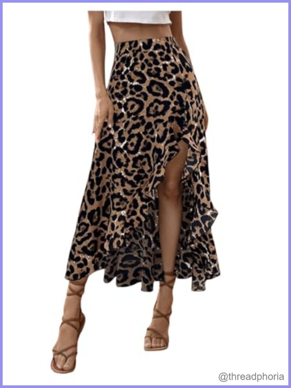 Ruffle High Low Midi Skirt Leopard Print Slit High Waisted Flowy